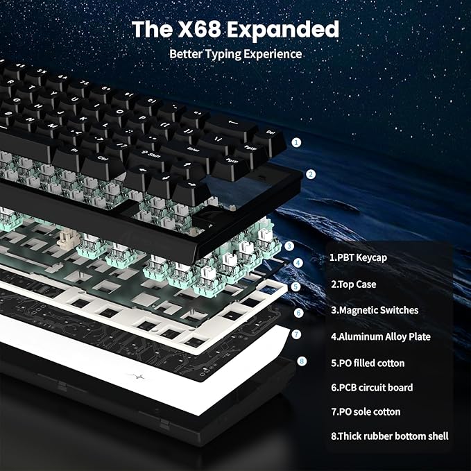 ATTACK SHARK X68 HE 8000Hz Rapid Trigger Keyboard 0.01mm RT Accuracy Wired Gaming Keyboard with Magnetic Switch Adjustable Actuation Rapid Trigger Snap Tap RGB Lighting for PC/Mac Black