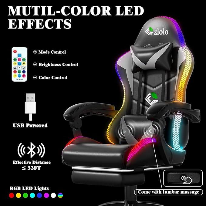 Gaming Chair Racing Style RGB LED Lights Gaming Chairs for Adults and Kids Lumbar Massager Gamer Chair High Back Reclining Computer Chair with Footrest and Headrest (Black/Gray)