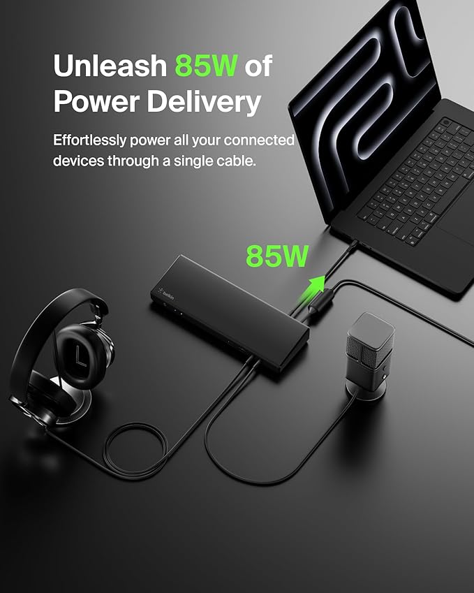 Belkin 15-in-1 Universal Triple Display DisplayLink Docking Station Hub w/ 3 HDMI Ports 2 DisplayPorts for Triple 4K Display w/ 85W PD 3.5mm Mic/Speaker 1 USB-C &amp 5 USB-A Ports Black