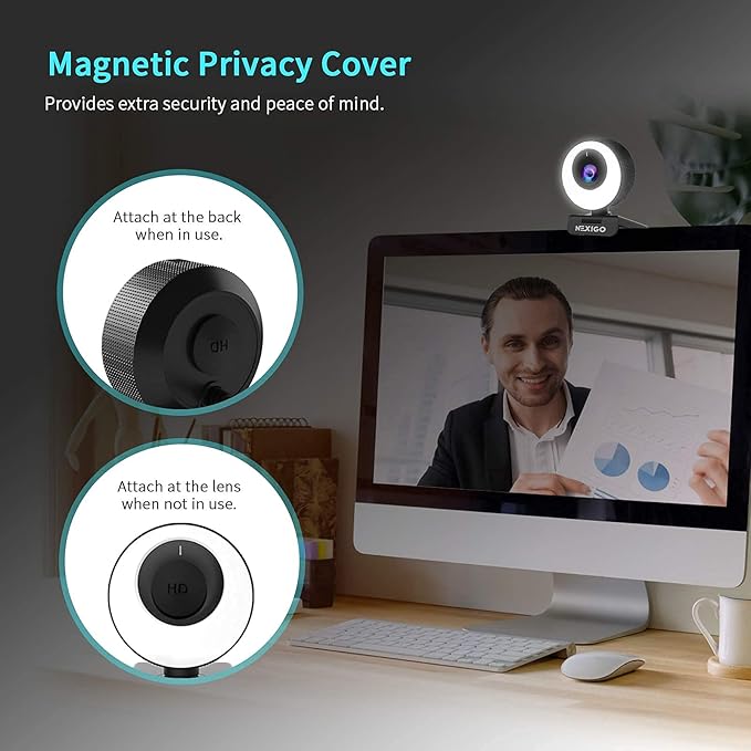 NexiGo N620E Webcam with Light 1080P 60FPS AutoFocus ePTZ 2X Digital Zoom Plug and Play [Software Included] FHD Streaming Web Camera Dual Stereo Mics for Zoom Skype Teams PC Mac Laptop Desktop