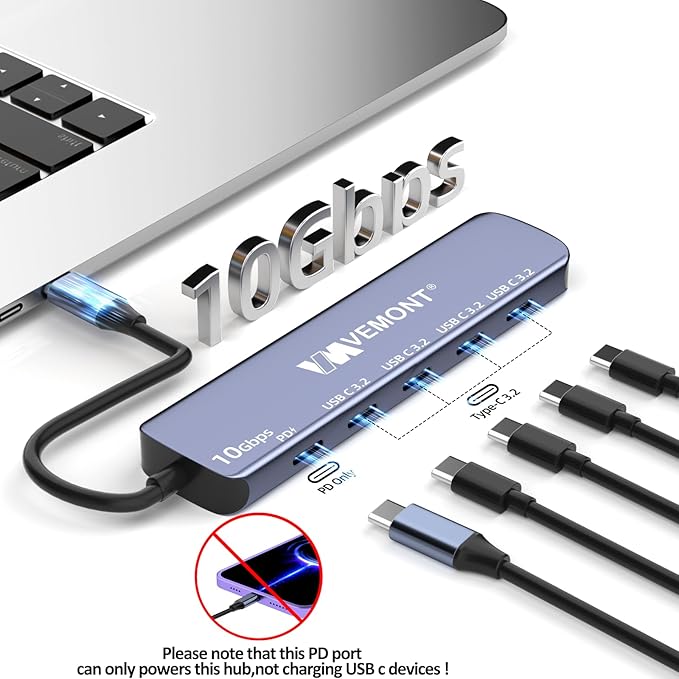 VEMONT 10Gbps USB C Hub - 4 USB-C Data Ports and 100W PD Charging for MacBook iPhone iPad XPS Surface Pro and More