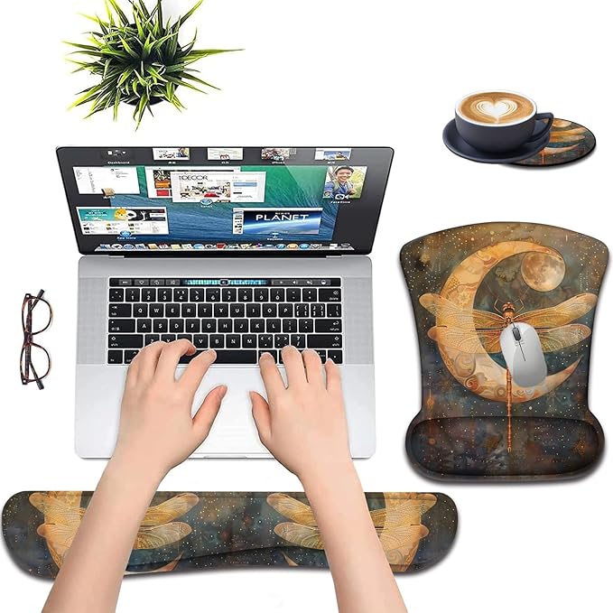 Keyboard Wrist Support + Wrist Mousepad + Coaster Combination Non-Slip PU Base with Gel Memory Mousepad Suitable for Gaming Office Pain Relief Mousepad Set - Vintage Dragonfly