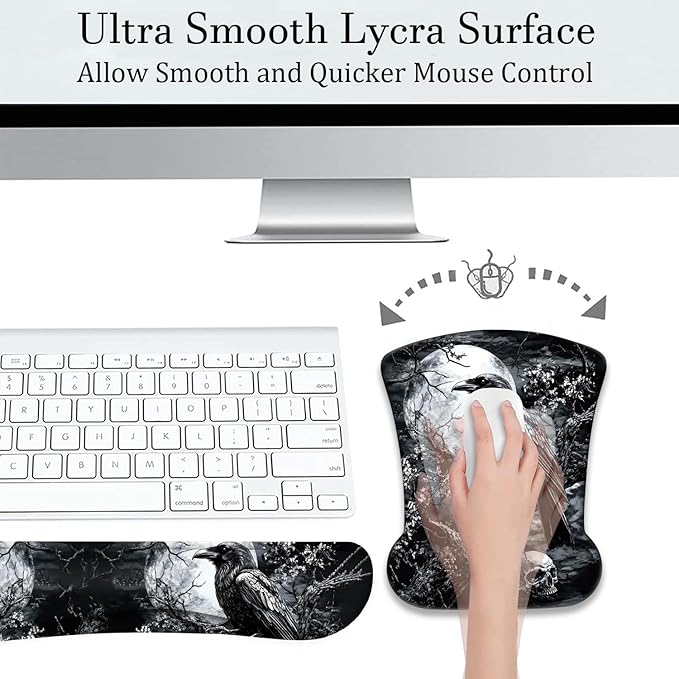 Mouse Wrist Rest and Keyboard Wrist Rest Pad+ Coaster Set Non-Slip Rubber Base Smooth Surface Ergonomic Gaming Mouse Pad for Easy Typing and Pain Relief Crow Skull
