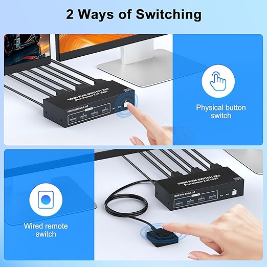 4K HDMI KVM Switch 2 Monitors 2 Computers 4K@60Hz Dual Monitors KVM Switcher 2PC Extended Display for 2 Port Sharing 4 USB 3.0 Hub Keyboard Mouse Hard Drives Printer with 2*USB CablesController