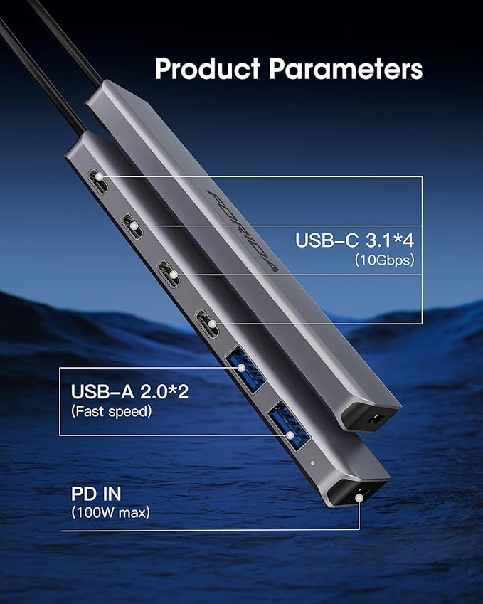 USB C Hub 10Gbps 4-Port USB 3.2 Multiport Data Adapter for Laptop 1 Type-C Pass-Through Charging Port 2 USB 2.0 Splitter to USB- C Compatible with MacBook IPad Pro Surface Pro XPS and More