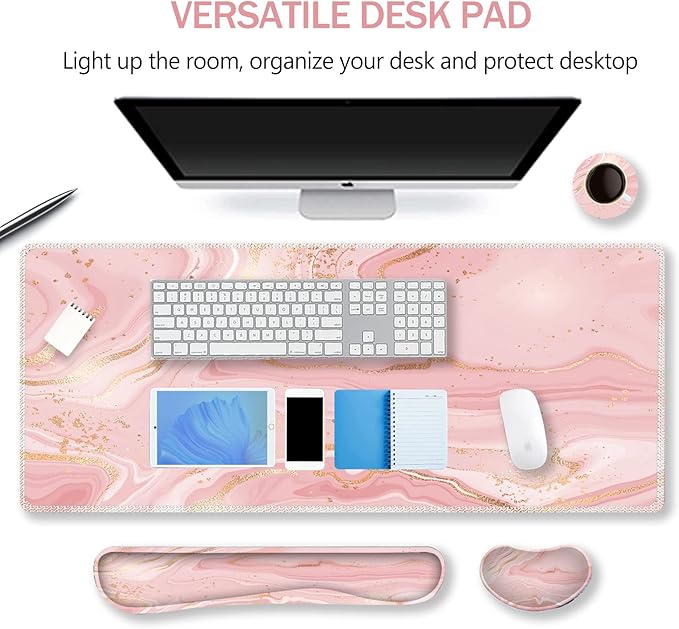ARTSO Extended Gaming Mouse Pad Set Keyboard Wrist Rest Support Pad + Wrist Cushion + XXL Large Mouse Pad + Coaster Stitched Edge Non-Slip Memory Foam Desk Mat Pink Gold Marble