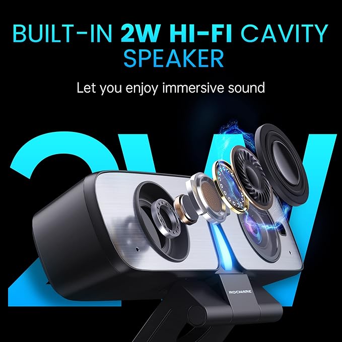 ROCWARE RC08 2K Webcam with Speaker Webcam for PC HD Web Cam with Noise Reduction Mic/Harman Speaker/4X Eptz/Privacy Cover/0.2S Auto-Focus/Low Illumination Computer Camera for Zoom/Teams/Meeting