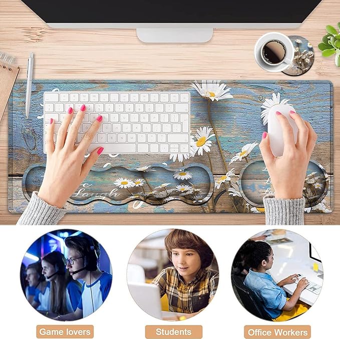 Mouse Pad Set Large Gaming Mouse Pad + Keyboard Wrist Rest Support + Mouse Wrist Rest Non-Slip Rubber Base 31.5 x 11.8 in Extended Desk Mat for Office Desktop Decoration White Daisy Flowers