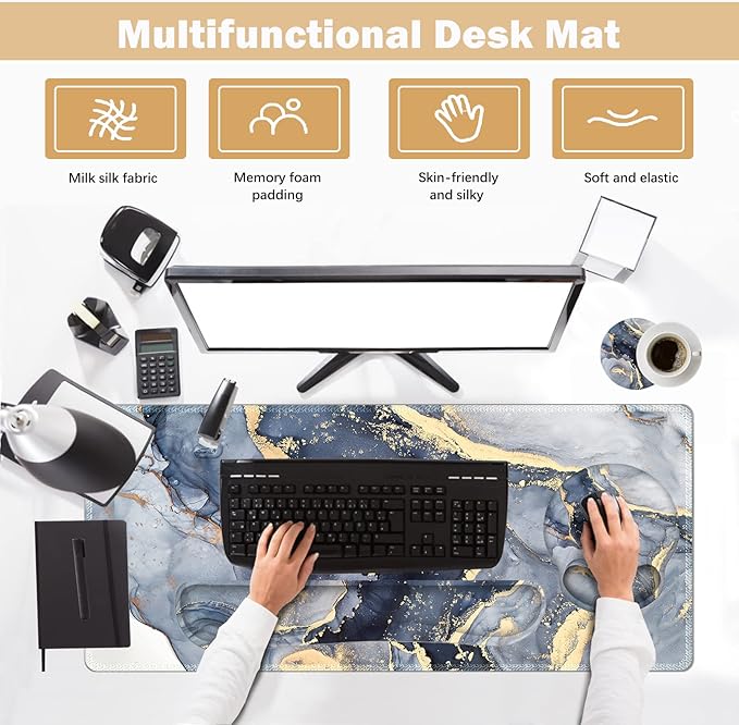 ARTSO Large Mouse Pad Ergonomic Keyboard Wrist Rest Support Combo Memory Foam Gel Extended Desk Mat Protector Non-Slip Desk Blotter Dark Blue Marble