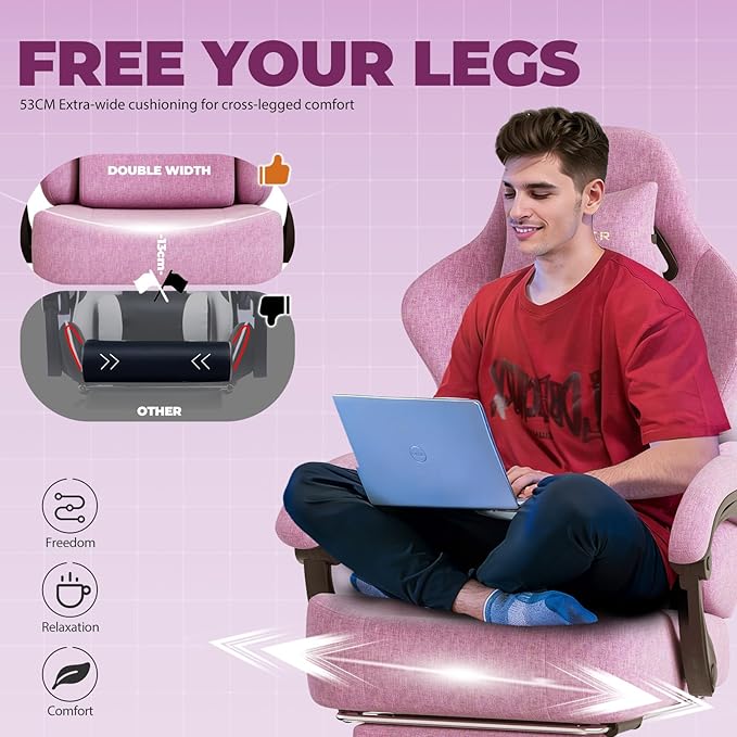 GTPLAYER Big and Tall Gaming Chair with Pocket Spring Cushion High Back Ergonomic Computer Chair with Footrest for Adults Lumbar Support Swivel Game Chair for Office Gaming 350LBS Fabric Pink