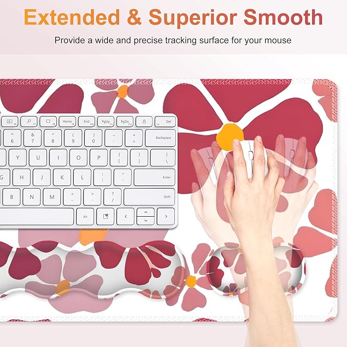 Desk Mat Gaming Mouse Pad Cute Desk Matt Keyboard Wrist Rest for Desktop Anti-Slip Mousepad w/Stitched Edges XXL Large Mouse Pad with Wrist Support for Desk Computer I Burgundy Lucky Flower