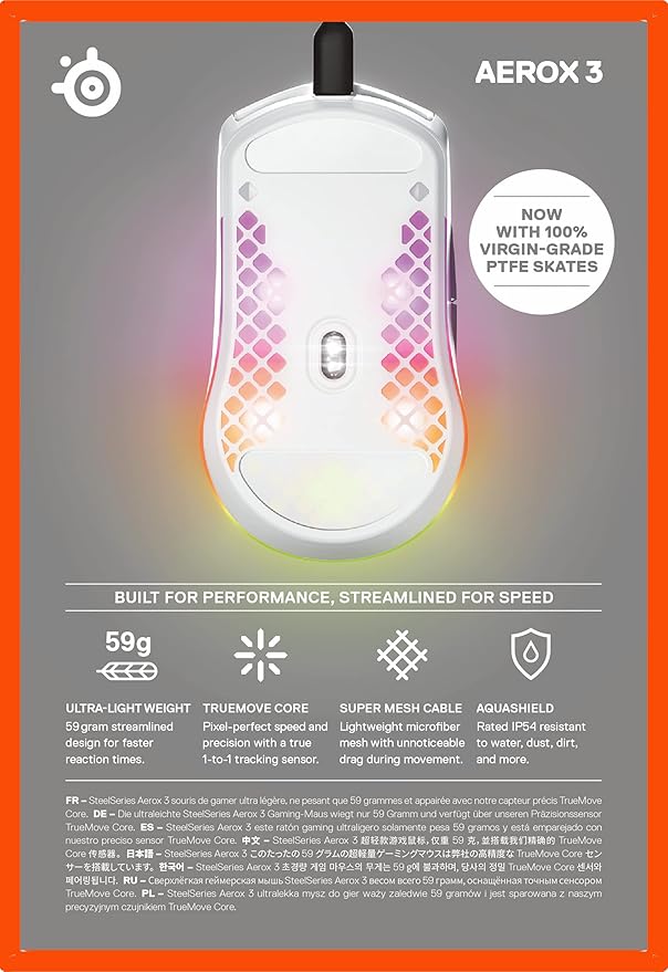 SteelSeries Aerox 3 - Holey RGB Gaming Mouse - Ultra-lightweight Water Resistant Design - 8500 DPI TrueMove Core Optical Sensor - Snow
