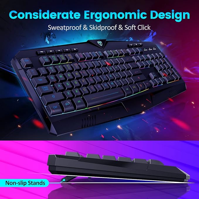 Gaming Keyboard Full Size RGB Backlit Quiet Computer Keyboard Wrist Rest Silent Keys Multimedia Keys Anti-ghosting Waterproof Light Up USB Wired Keyboard for PC Mac Xbox Gamer Office