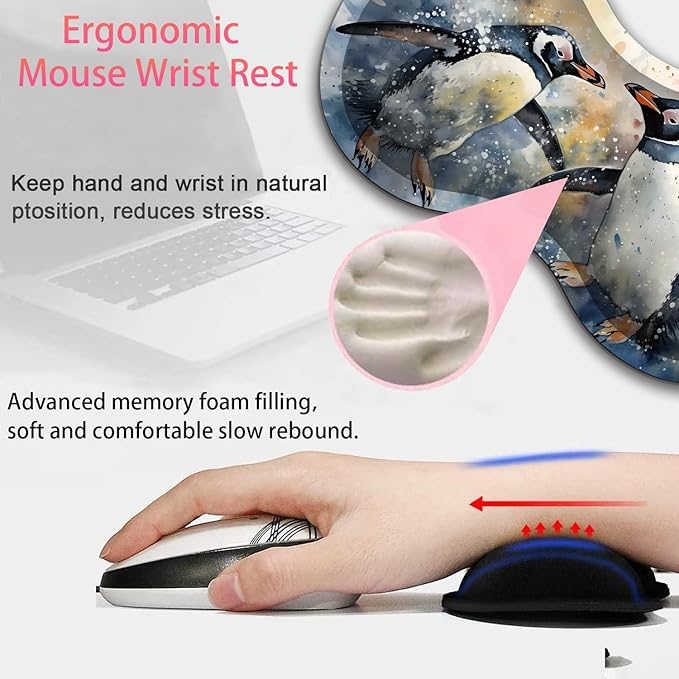 Large Gaming Mouse Pad + Mouse Wrist Rest Pad + Coaster Combination 31.5 x 11.8 Durable Non-Slip Extension Table Mat Suitable for Office and Home Watercolour Penguins