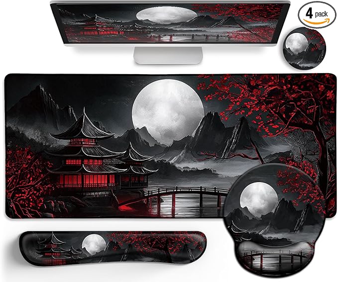 Japanese Mouse Pad Large Desk Mat Set XXL Anime Full Moon Ergonomic Mousepad with Wrist Rest Wrist Support Gaming Keyboard Mat Cup Coaster Set Japanese Style Office Desk Accessories
