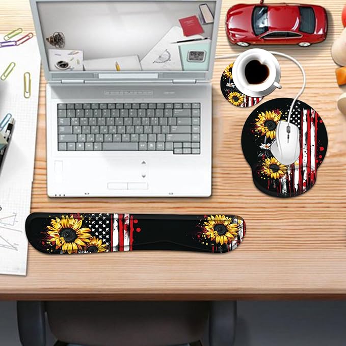 Keyboard Wrist Rest and Mouse Pad Wrist Support Set with CoasterComfortable for Easy TypingPain ReliefMemory Foam Keyboard Pad Set for Laptop MacAmerican Flag Sunflower