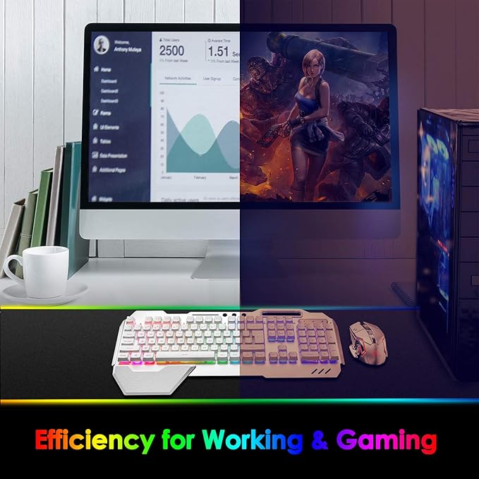 Wireless Gaming Keyboard and MouseRGB Backlit Rechargeable Keyboard Mouse with 5000mAh Battery Metal PanelRemovable Hand Rest Mechanical Feel Keyboard and 7 Color Gaming Mute Mouse for PC Gamers