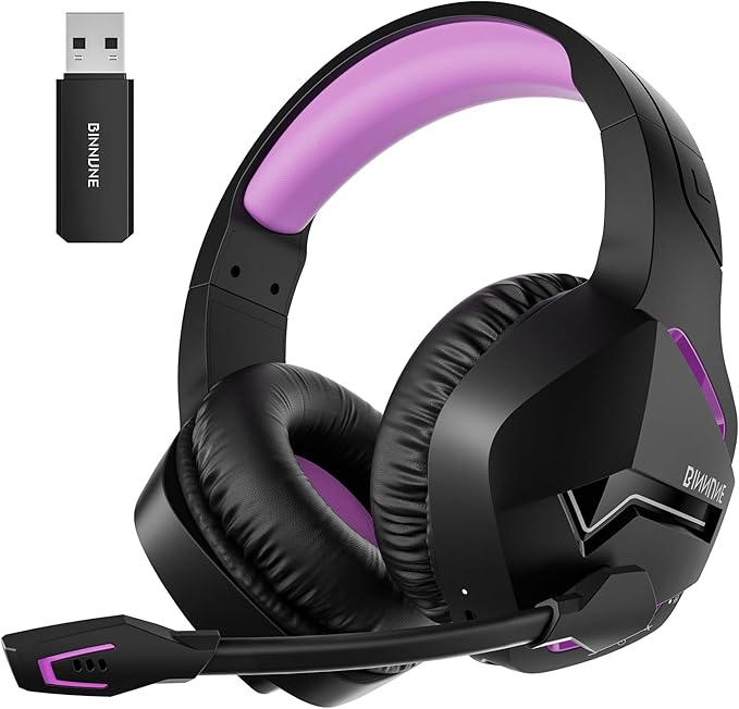 BINNUNE 2.4GHz Wireless Gaming Headset Bluetooth 5.3 Gaming Headphones with Noise Canceling Mic 120H Ultra-Long Battery 50mm Drivers Multi-Platform for PC / PS5 /PS4/ Switch/Mobile Purple