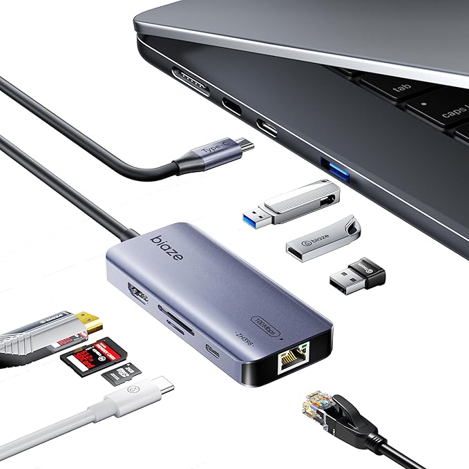 8-in-1 USB C Hub Adapter for MacBook 4K60Hz HDMI 100W PD Charging USB 3.0 USB 2.0 * 2 SD/TF Card Reader 100M Ethernet 7 Ports Dongle for MacBook Pro/Air iPad Pro iPhone