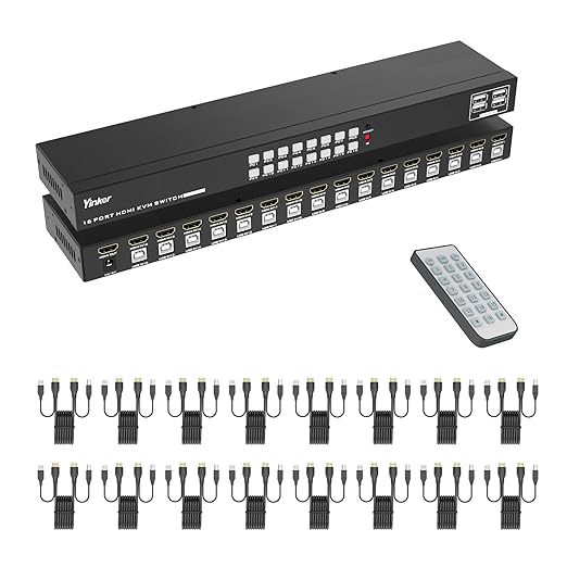 16 Port KVM Switch HDMI 4K@30Hz HDMI Rack Mount KVM Switch w/ 16 Pcs KVM Cables Support 4 USB 2.0 Devices &amp HDCP 2.2 &amp Remote Control for 16 Computers/Servers