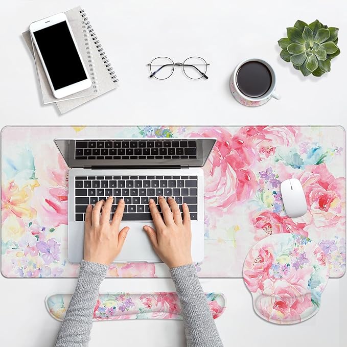 Arttown Flower Painting Desk Mat Watercolor Abstract Mouse Pad Set 4-in-1 Large Mousepad+Keyboard Wrist Rest+Mouse Wrist Rest+Coaster with Ergonomic Design Non-Slip Mat