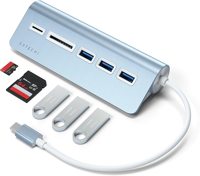Satechi USB C Hub for Desktop USB C Hub with 3 USB-A 3.0 Data Ports Micro/SD Card Readers USBC Hub for MacBook Air/Pro M5/M4 Dell HP Surface Lenovo - Blue