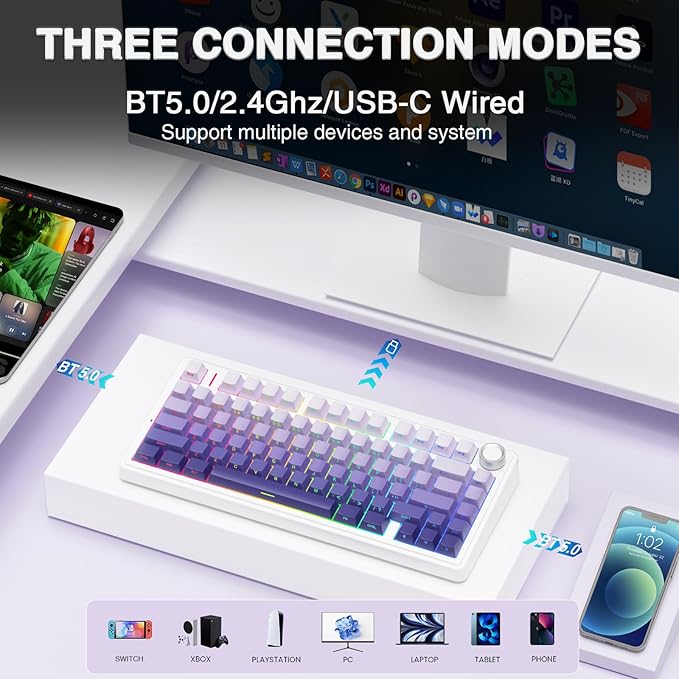 AULA F75 Pro Wireless Mechanical Keyboard75% Hot Swappable Custom KeyboardRGB BacklitPre-lubed Linear SwitchesSide Printed PBT Keycaps Mechanical Gaming KeyboardsGradient Purple
