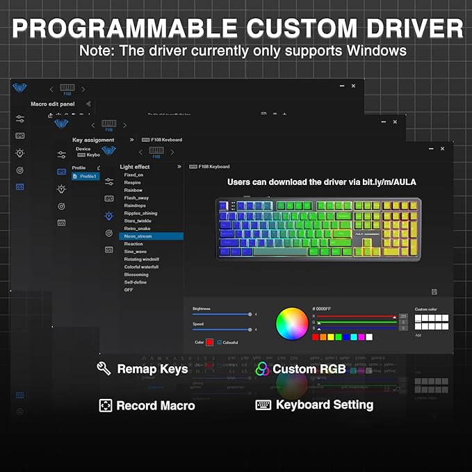 AULA F108 Wireless Mechanical Keyboard Full Size Gaming Keyboard with Number Pad Side Printed PBT Keycaps Pre-lubed Switches RGB Backlit Hot Swappable Creamy Sounding Computer Keyboards 108 keys