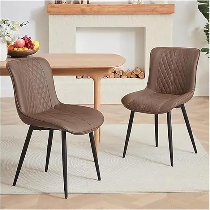 Adjustable Office Computer Chair with Armrest 2pcs Leather Upholstered Dining Chairs with Solid Metal Legs Curved Backrest(Brown)
