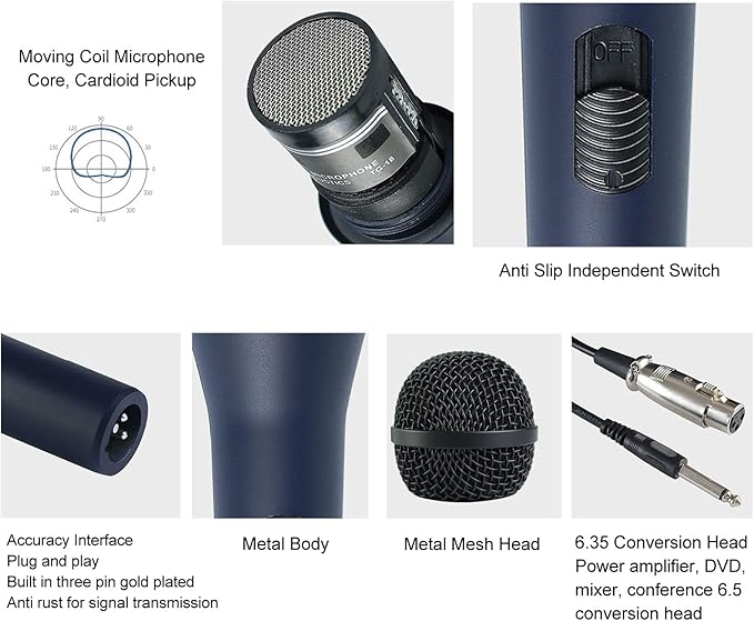 Wired Handheld Microphone Dynamic Karaoke Mic with Cardioid Pickup Noise Reduction Metal Singing Microphone for Speaker Amplifier Includes 6.35mm Plug and 16.4ft Cable for Home