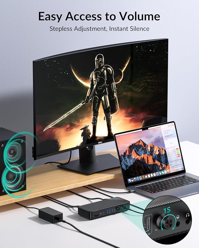GiGimundo 20-in-1 Docking Station | PD Charger+HDMI 4K 60Hz+DP 4K 60Hz+VGA+Ethernet+SD/TF+Audio+Volume Knob+Security Lock Laptop Docking Station for Windows/Dell/HP/Lenovo