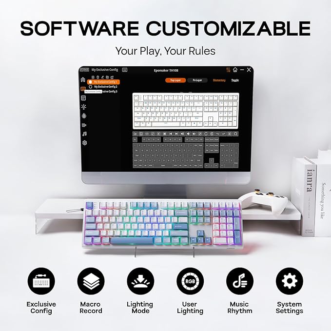 EPOMAKER TH108 Full Size Mechanical Keyboard Wireless Gaming Keyboard with 8000mAh Battery Creamy Gasket 108 Keys Hot Swap Custom Driver RGB Backlight (Blue&ampWhite Sea Salt Silent)