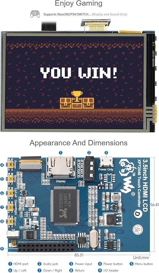 Waveshare 3.5inch Resistive Touch Screen LCD Compatible with Raspberry Pi 5/4B/3B/Zero/Zero W/Zero 2W/Pico/Pico W/Pico WH 480×320 HDMI IPS Supports Windows 11/10 / 8.1/8 / 7