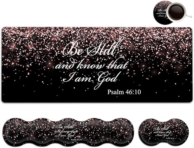 Large Black Mouse Pad Gaming Mouse Pad Memory Foam Keyboard Wrist Rest Office Desk Pad with Stitched Edges Laptop Desk Table ProtectorPsalm 46:10 Rose Gold Glitter Writing Mat Extended Desk Mat