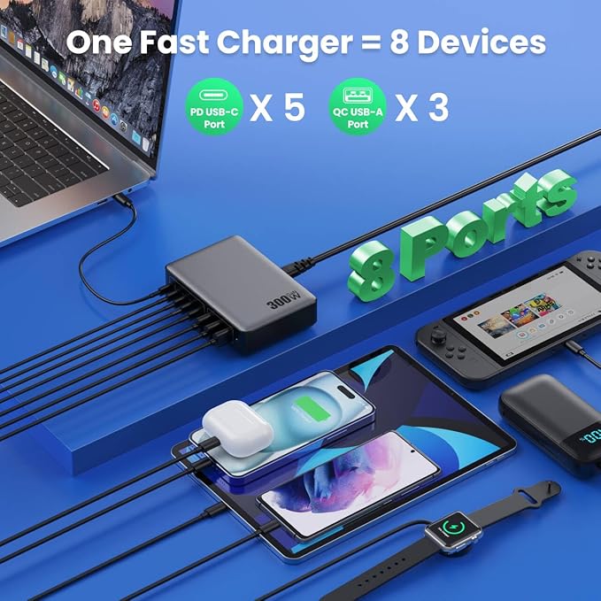 USB C Charger 300W USB C Charger BlockUpgraded GaN IV 8-Port Fast Charging Station HubPD 100W Laptop Charging Adapter Compatible with MacBook Pro/AirDELLSteam DeckiPhone 16/15/14Galaxy S23/22