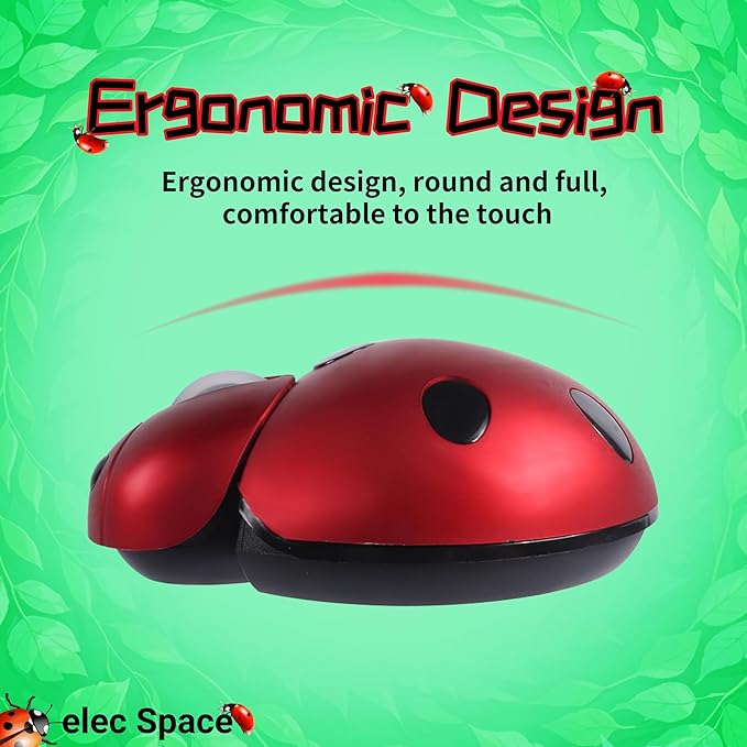 elec Space Wireless Mouse for Laptop &amp Kids Cute Ladybug Shape Ergonomic Mouse with Case Cordless for Laptop PC Mac &amp Notebook (Red)