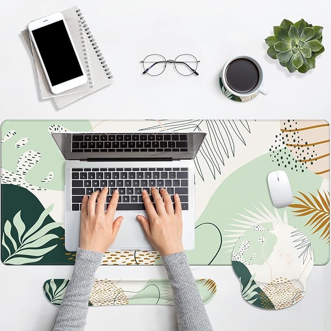 Britimes Green Boho Leaves Keyboard Mouse Pad Set 4in1 Large Mousepad+Keyboard Wrist Rest+Mouse Wrist Rest+Coaster Set with Ergonomic Design for Home Office Computer 35.4x15.7 inches