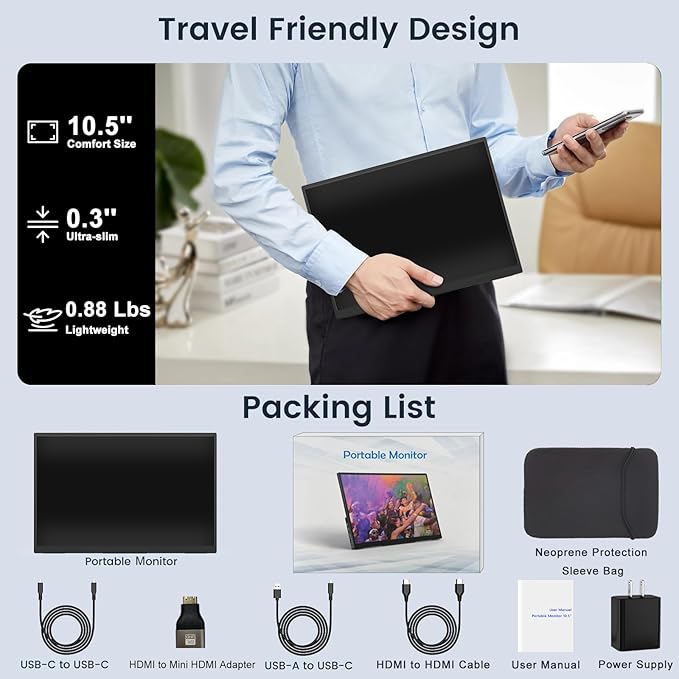 IBW Small Portable Monitor 10.5 500 Nits 2000:1 FHD 1280P IPS Screen Ultra-Slim Mini Monitor w/Kickstand &amp Dual Speaker USB C HDMI HDR Portable Gaming Monitor Travel Monitors for Laptop PCs