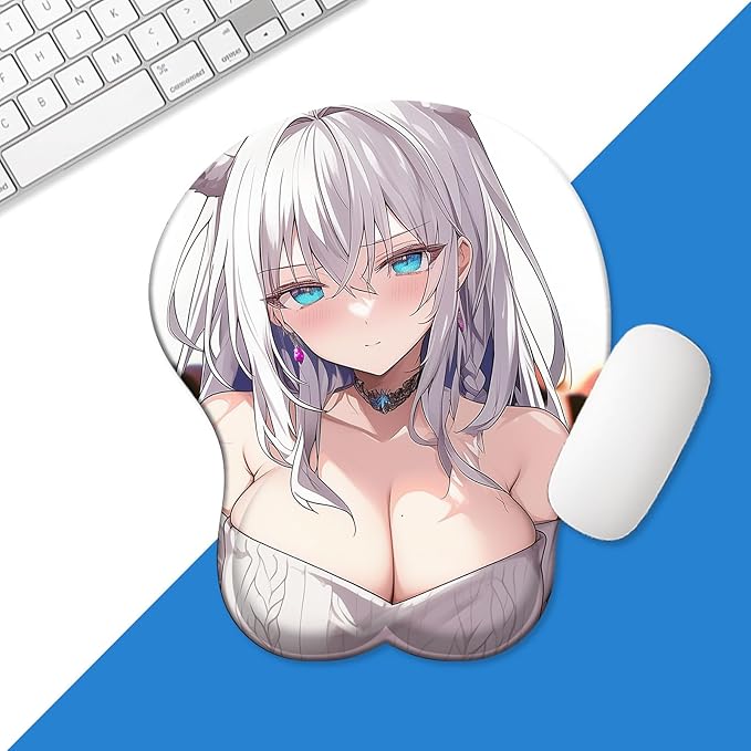 3D Mouse Pad Oppai Mouse Mat with Soft Gel Wrist Rest Anime Waifu Manga Gaming Boob pad Anti-Slip Mouse Mat (White Wolf Girl)