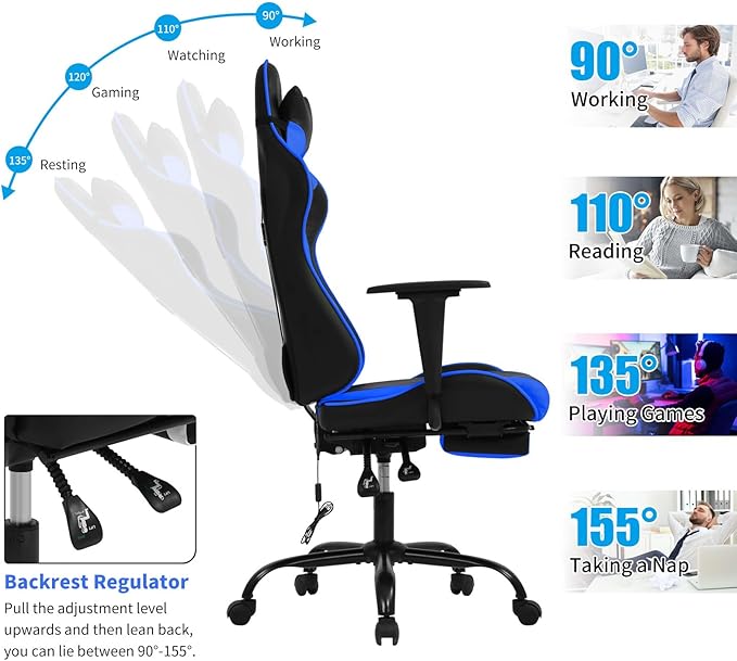 BLKMTY Massage Gaming Chair with Footrest Ergonomic Office Chair Racing Computer Chairs PU Leather with High Back Lumbar Support Headrest Reclining Chairs Blue