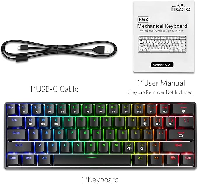 61 Keys RGB Wireless and Wired Mechanical Gaming Keyboard with Blue Switches Audible Click Sound Rainbow Portable Compact Mini Office Keyboard for Windows PC Gaming (F-SG61)