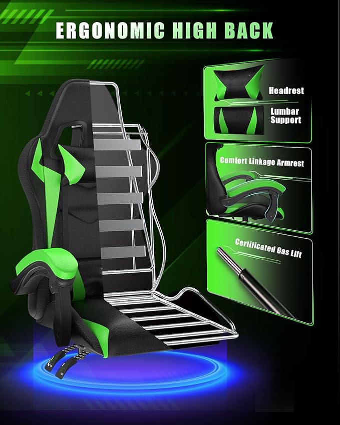 Gaming Chair with RGB LED Lights Ergonomic Computer Chair with Headrest and Lumbar Support PU Leather High Back Height Adjustable Swivel Video Game Chairs for Adults(Green)