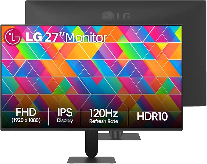 LG 27 inch FHD IPS Monitor 120Hz 99% sRGB 1ms MBR HDR10 Dynamic Action Sync Black Stabilizer HDMI 3-Side Virtually Borderless Design Tilt Adjustable for Office &amp Gaming