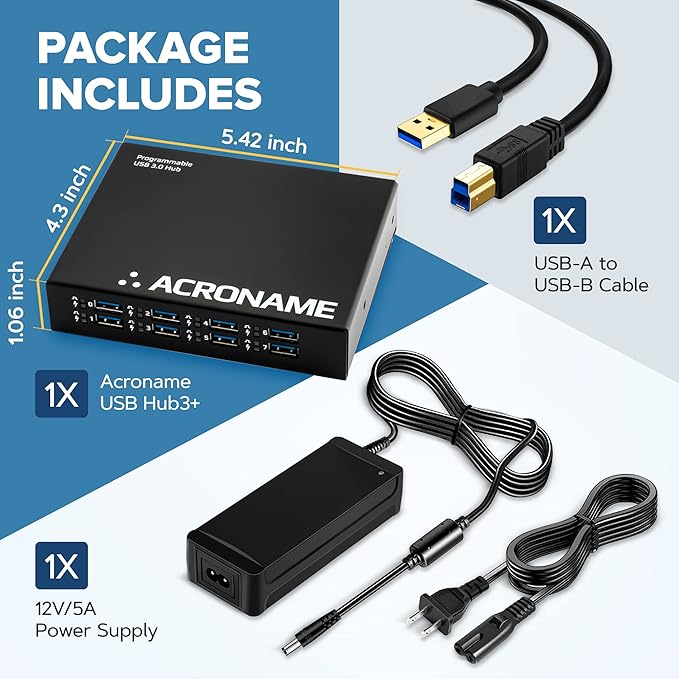 Acroname - Managed USB Switch/Hub 2 Computers - 9 Port Fast Charge (4A) Industrial &amp Scientific Grade Programmable Compatible with Mac/Windows/Linux for Keyboard Mouse External Hard Drive