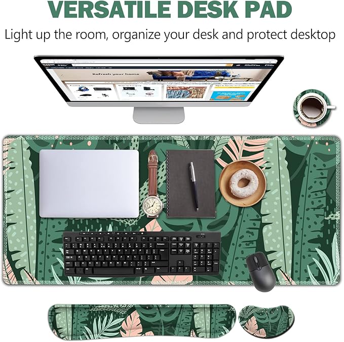 AIMSA Large Gaming Mouse Pad Set Keyboard Wrist Rest Support Mouse Pad Ergonomic Memory Foam Multifunctional Extended Desk Mat 35x15.7in Anti-Slip Rubber Base for Office Home Pink Green Leaves