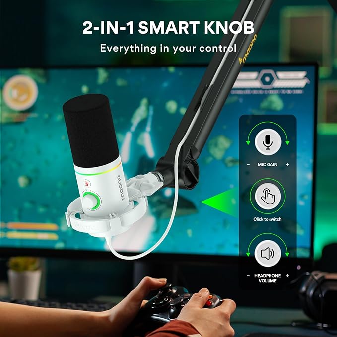 MAONO White Gaming Podcast Microphone Kit PD200X with MH501 Studio Headphones for Gamer YoutuberPodcaster
