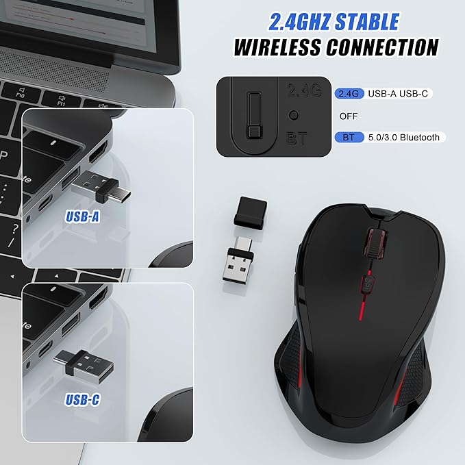 Wireless Bluetooth Mouse for Mac Pro MacBook Ergonomic Rechargeable Mice with Jiggler Mode 2-Mode Bluetooth 5.2/3.0 &amp 2.4G USB-A/USB-C Receiver Silent Optical Mouse for iPad PC Laptop Black