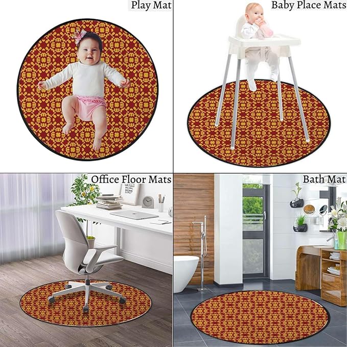 Orange Round Floor Mat Doormat Non Slip Absorbent Carpet Yoga Rug for Entryway Bedroom Living Room Sofa Home Decor Flower Motifs Details Traditional Eastern Diameter 47.2 in