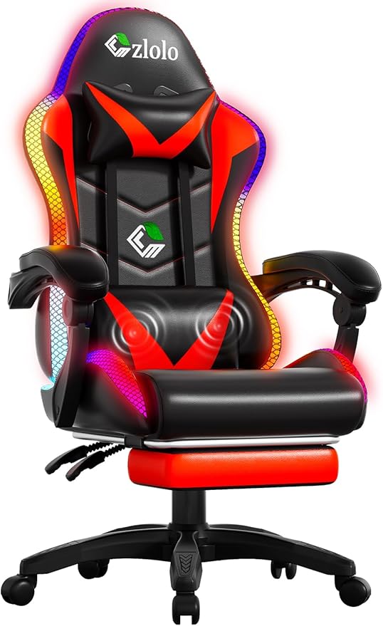 Gaming Chair Racing Style RGB LED Lights Gaming Chairs for Adults and Kids Lumbar Massager Gamer Chair High Back Reclining Computer Chair with Footrest and Headrest (Black/Red)