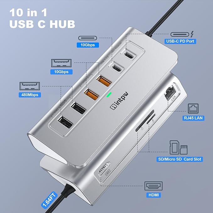 P9R PRO USB C Hub Ethernet 10 in 1 USB Docking Station 10Gbps with 4K@60Hz HDMI USB C and 2 USB A 3.2 LAN 2 USB A 2.0 PD 100W SD/TF Ports USB to Ethernet Adapter for PC iPhone 16/15 Mac